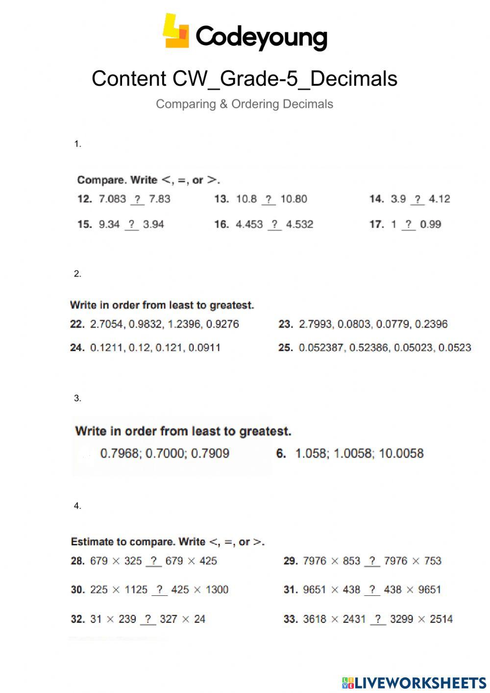 Content CW-Comparing & Ordering Decimals