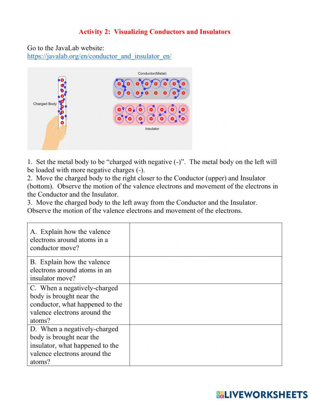 Conductors and Insulators Simulation worksheet Live Worksheets