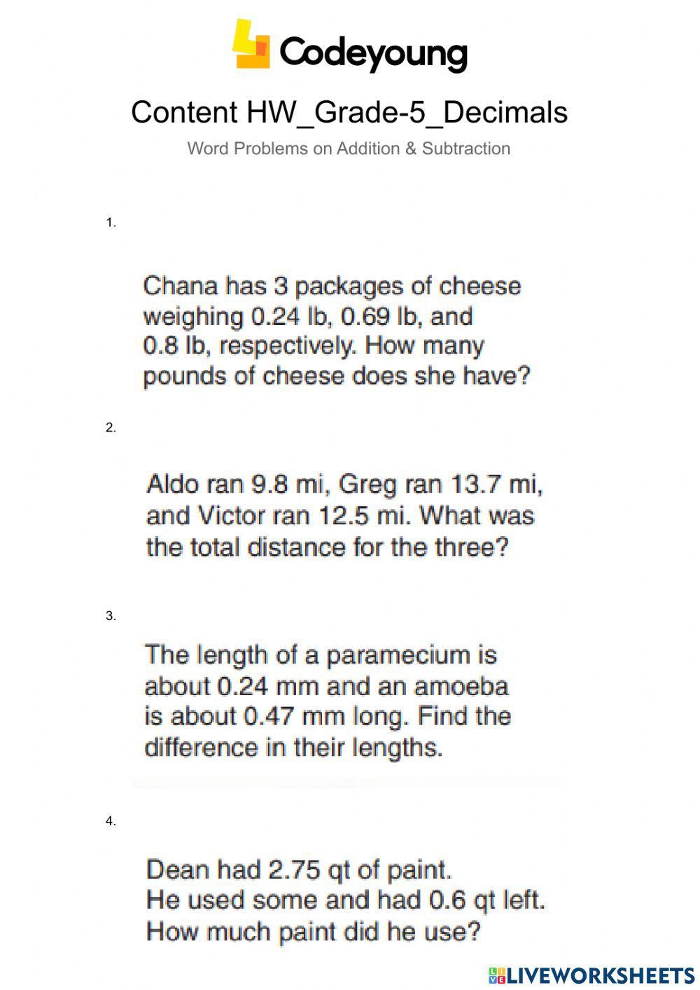 Content HW-Word Problems on Addition & Subtraction