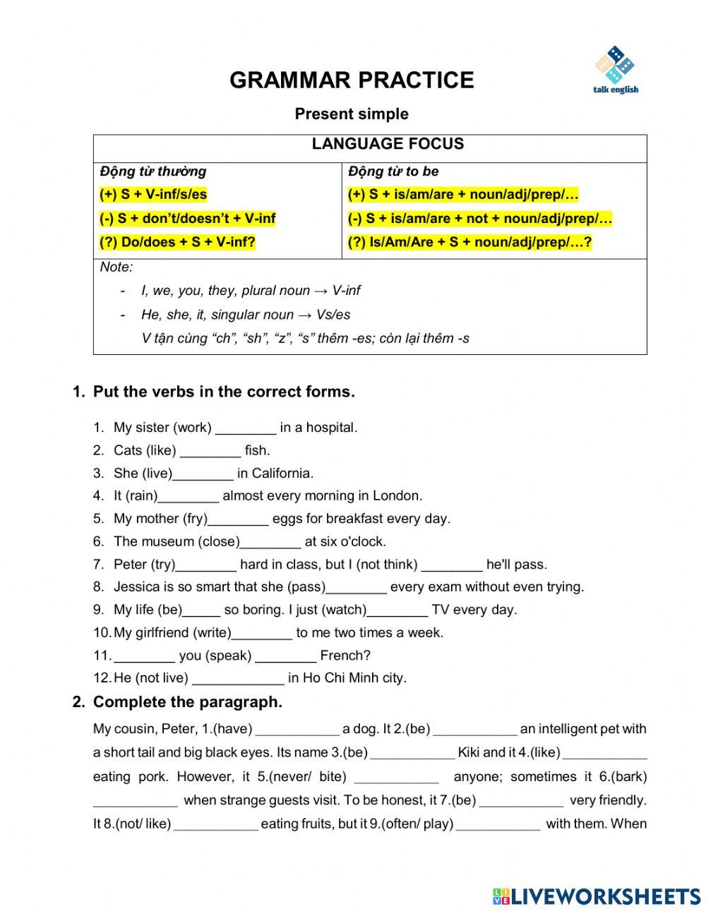 GRAMMAR PRACTICE Present simple