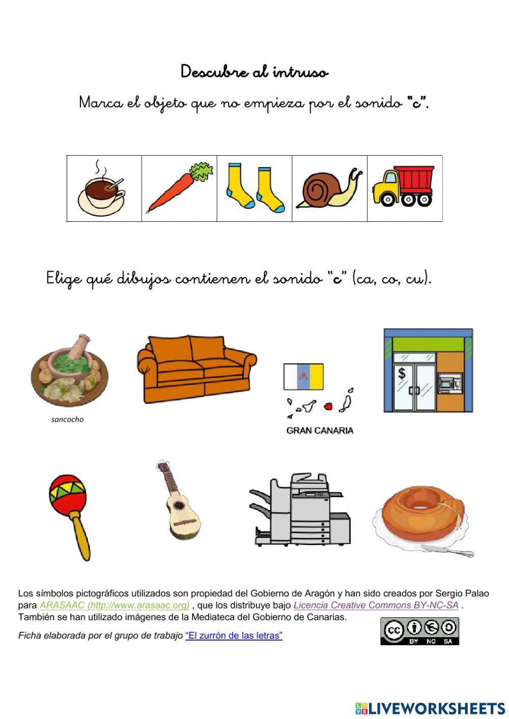 Ficha interactiva para trabajar conciencia fonológica del sonido “c” (ca, co, cu) (El zurrón de las letras)