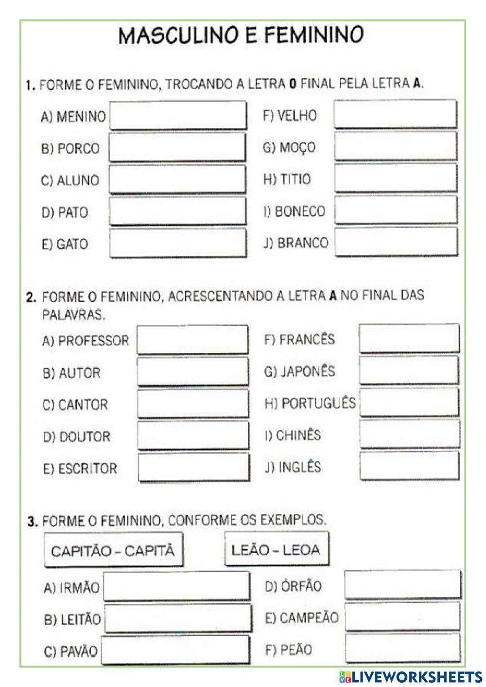 Palavras feminino e masculino, plural