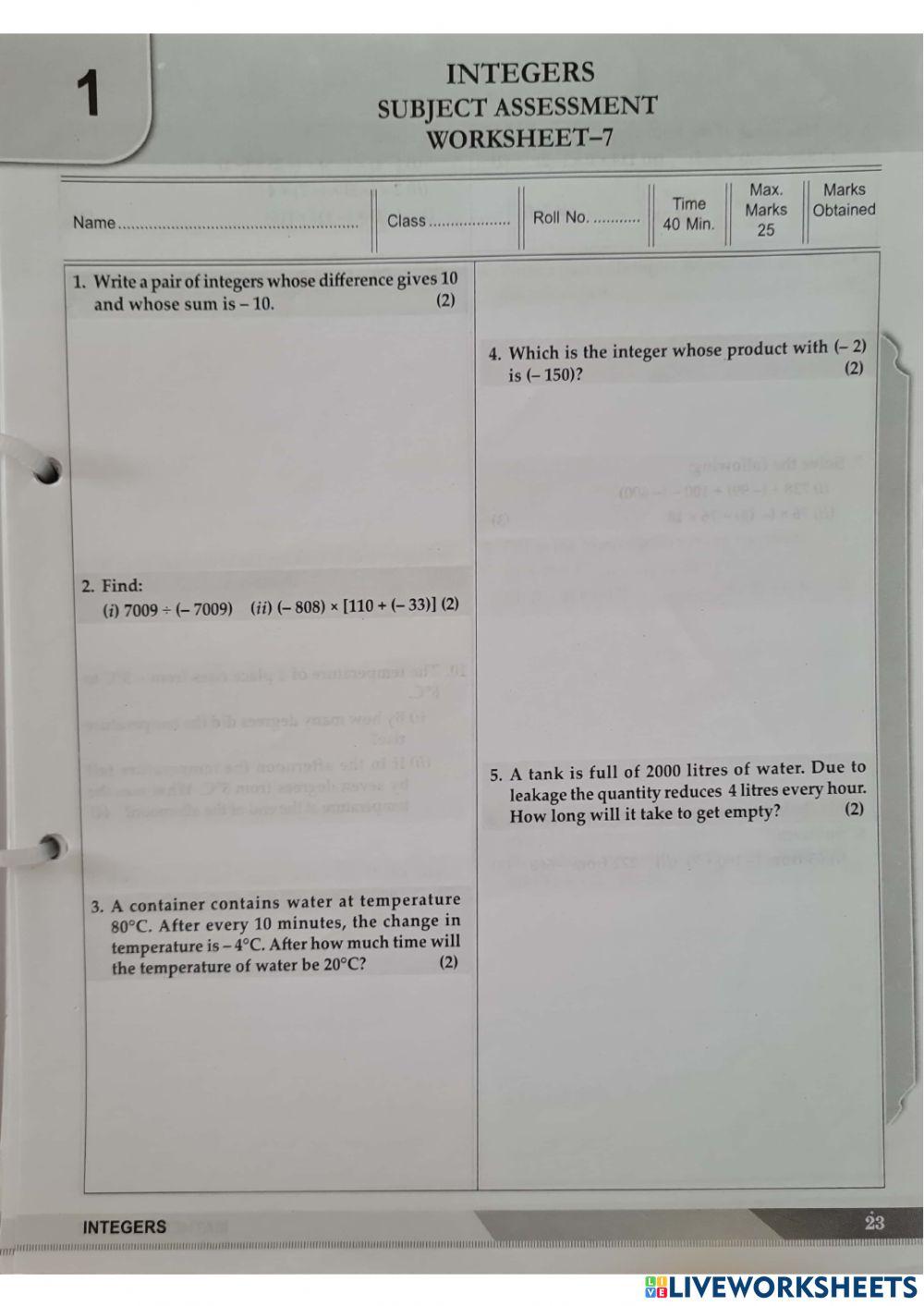 Integer online pdf activity for 7 live worksheets