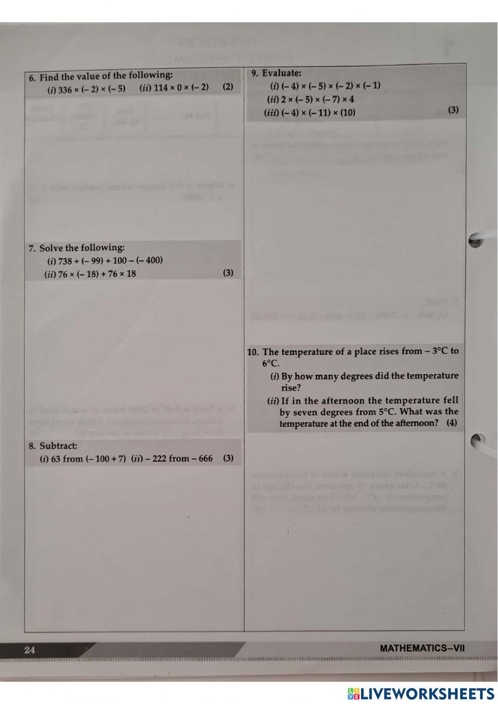 Integer online pdf activity for 7 live worksheets