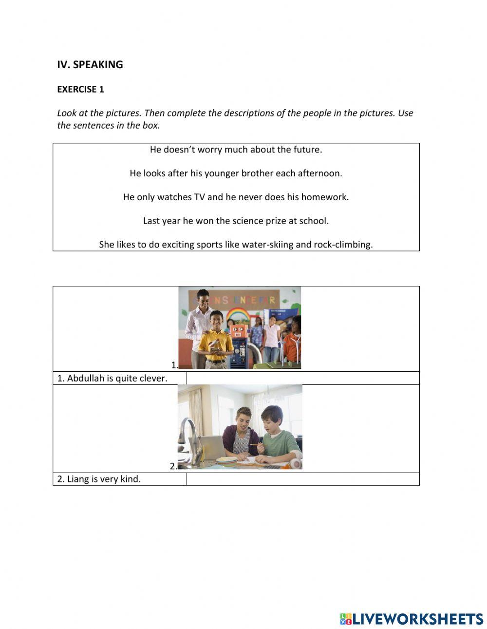 IE1, Unit 1, Speaking, Exercise 1