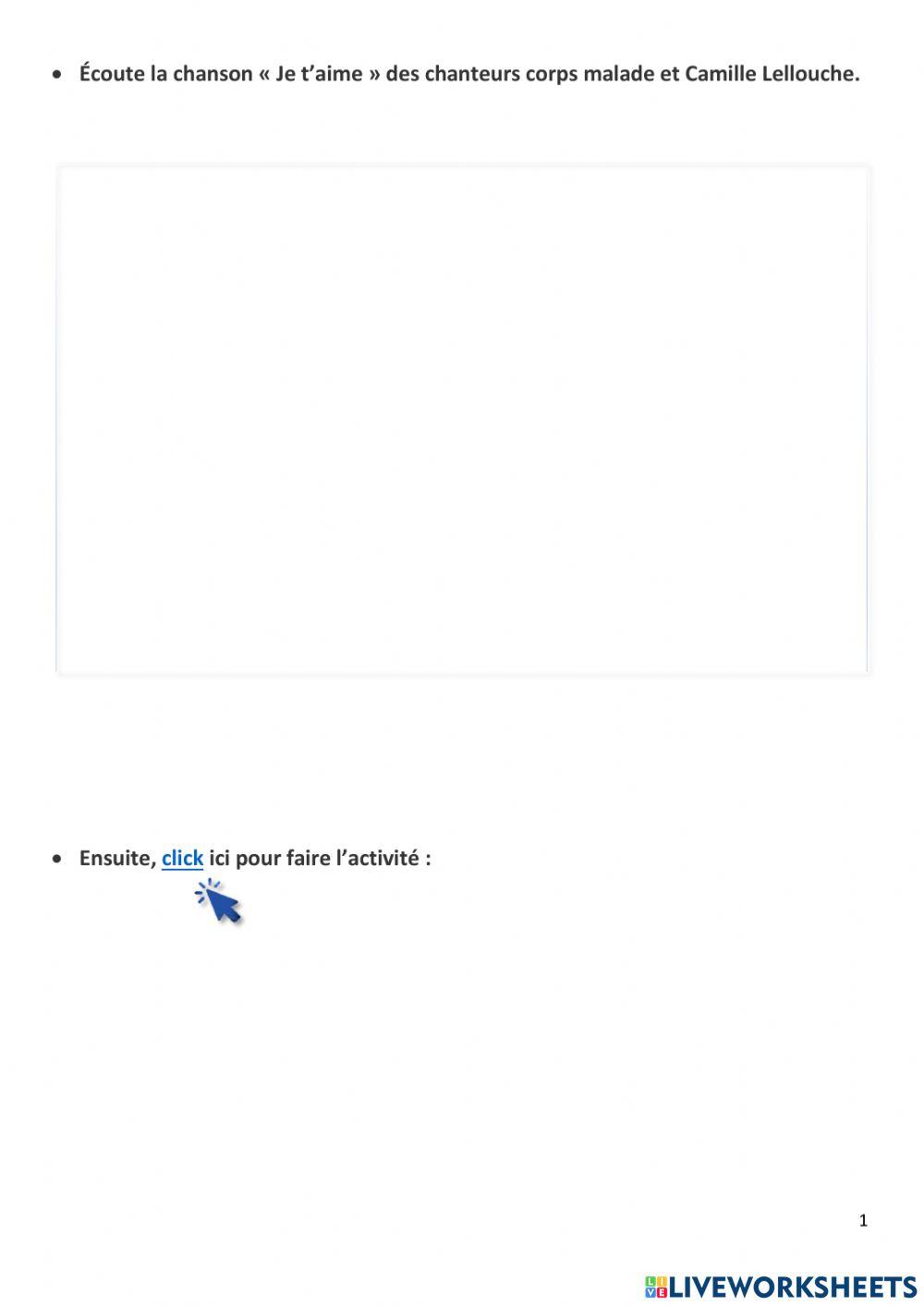 Chanson ''je t'aime'' pour pratiquer le présent de l'indicatif en français