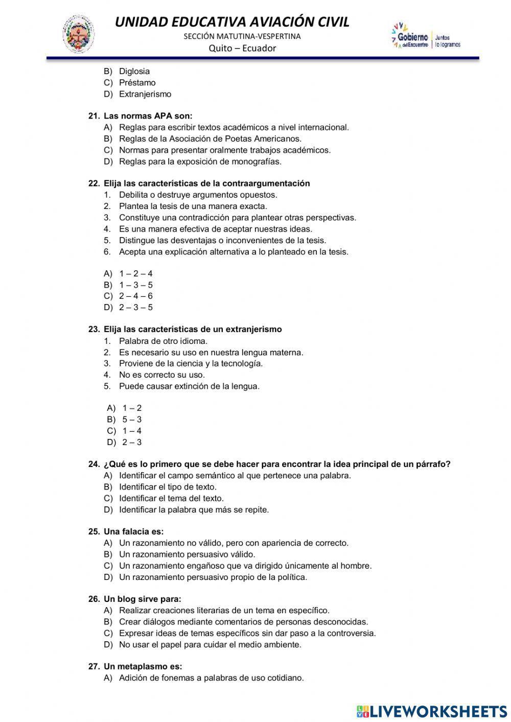 Cuestionario de lenguaje