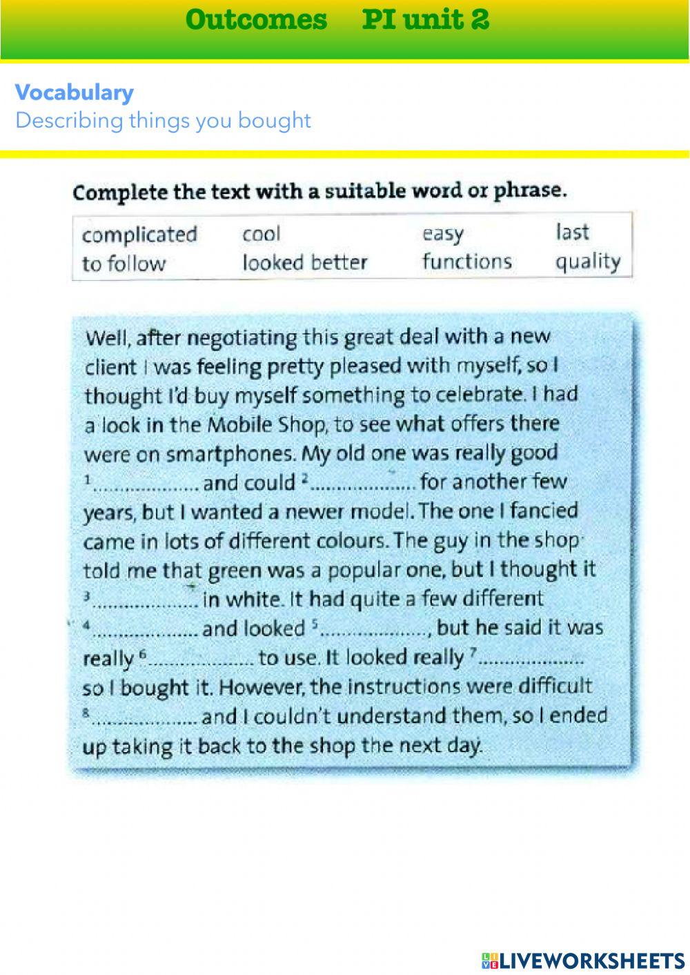 Outcomes PI, unit 2, Describing things you bought