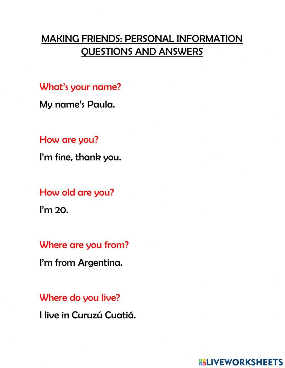 Personal information, personal pronouns and days of the week