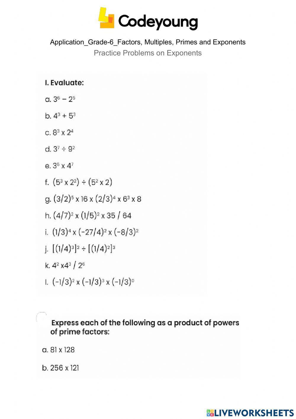 Practice Problems on Exponents Application worksheet | Live Worksheets