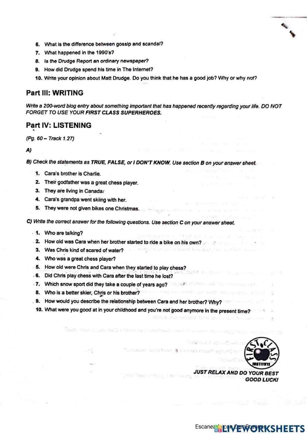 ENGLISH IN COMMON 5A FINAL TEST