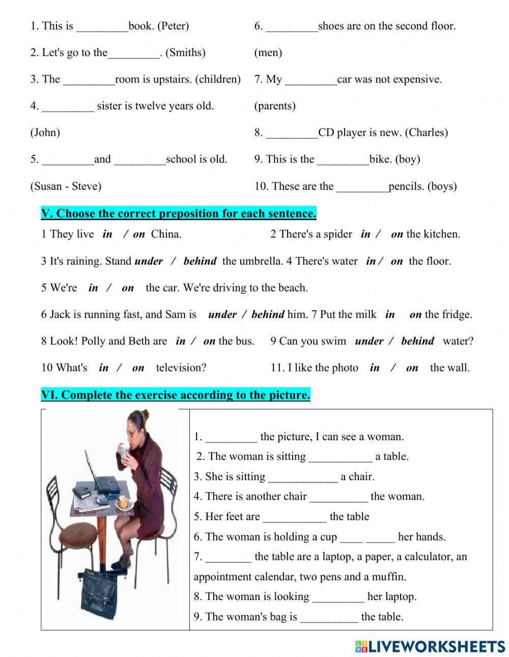 Grade 6 - test unit 2 – (possesive form and preposition of place)