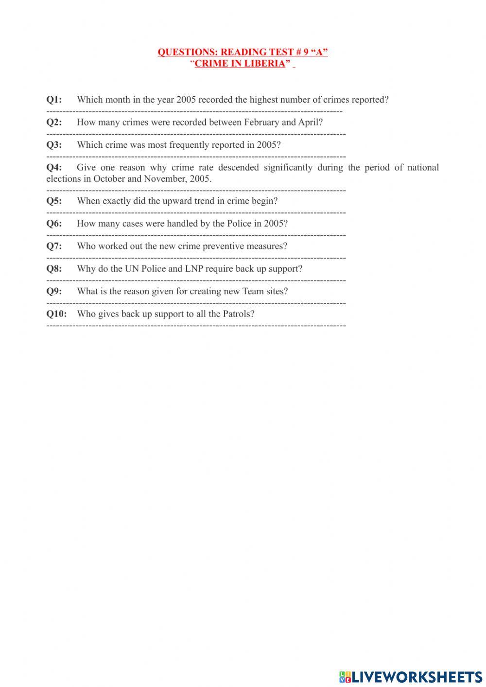 Reading comprehension test - 9 “Crime in Liberia