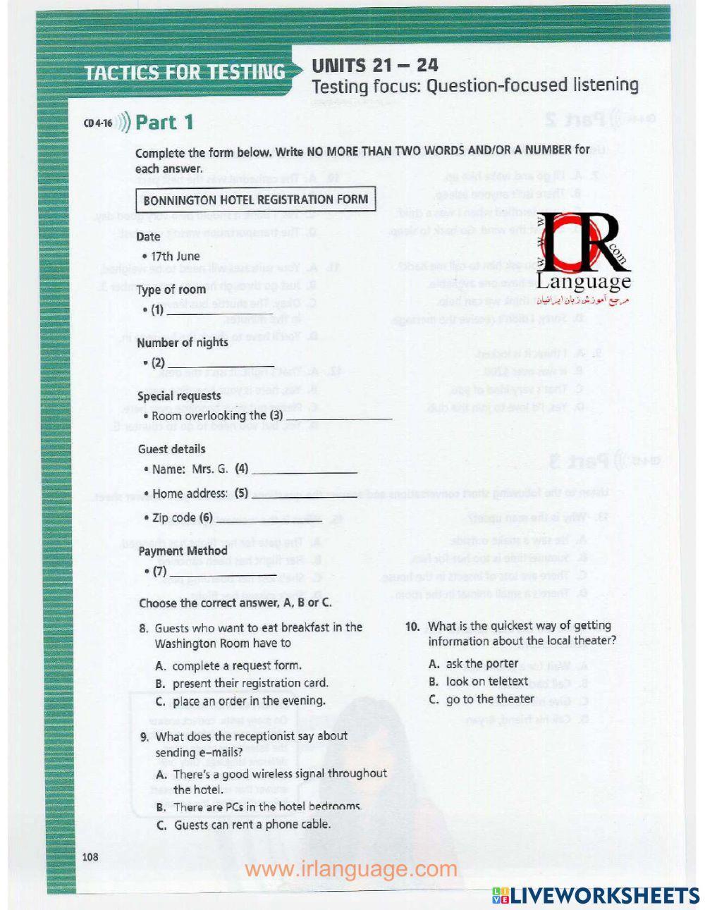 Tactics for listening developing test 6 u21 24 worksheet live