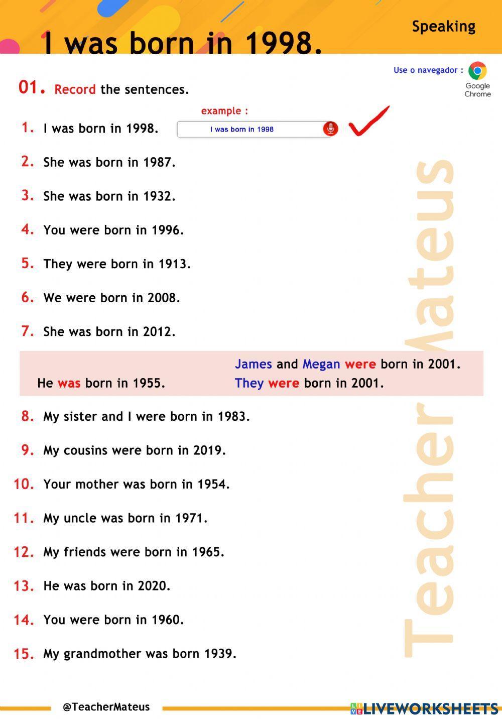 PAST of Be - I was born in 1998 - Speaking