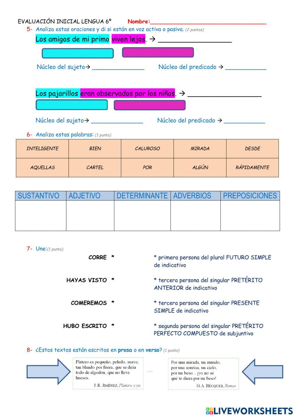 Evaluación inicial lengua 6º gramática y ortografía