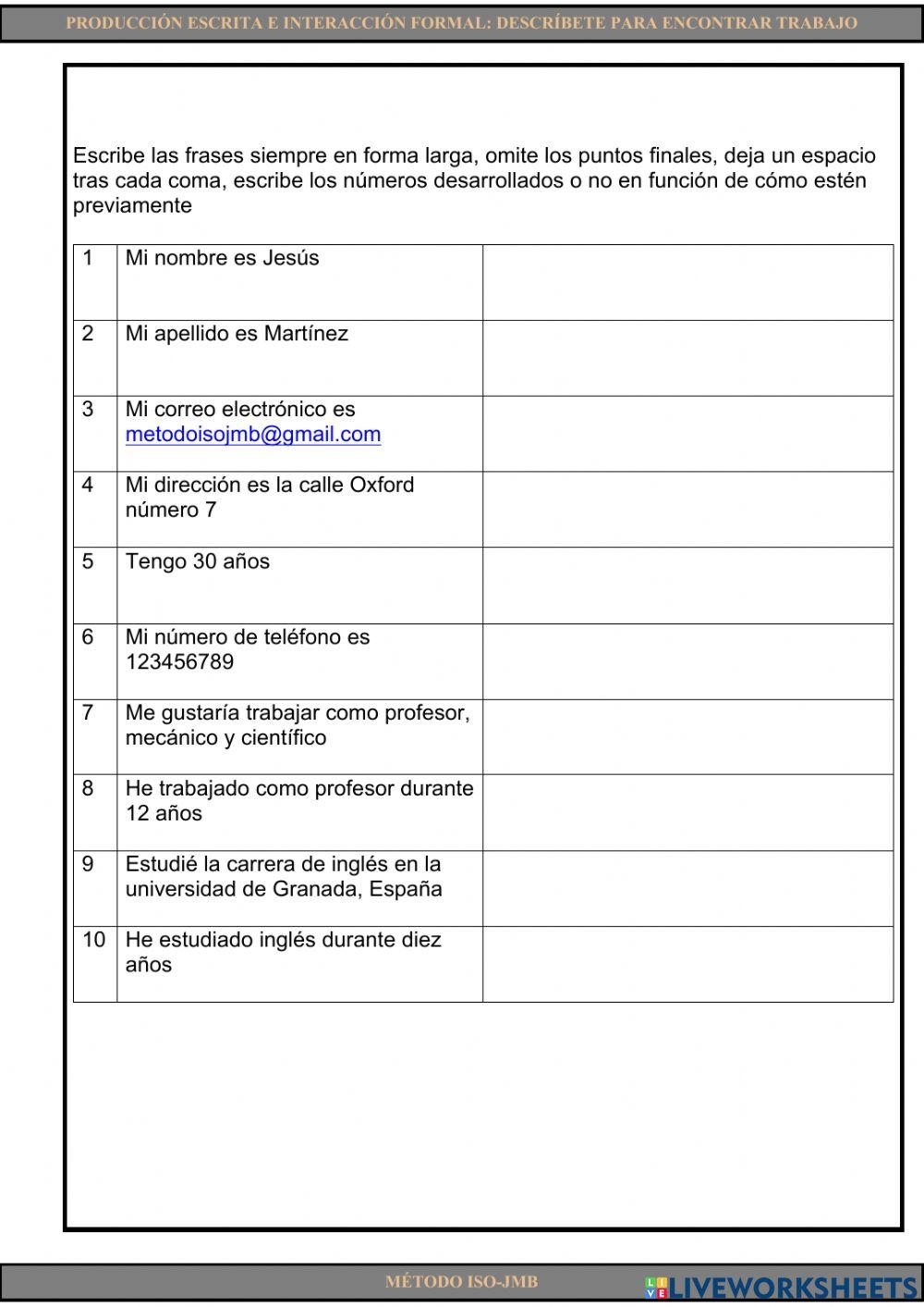 Writing 1. Descríbete para encontrar trabajo