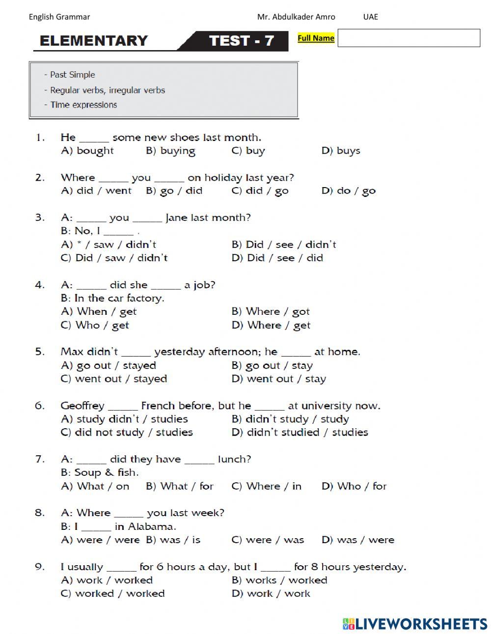 Elementary Test 7 Part 1 Grammar