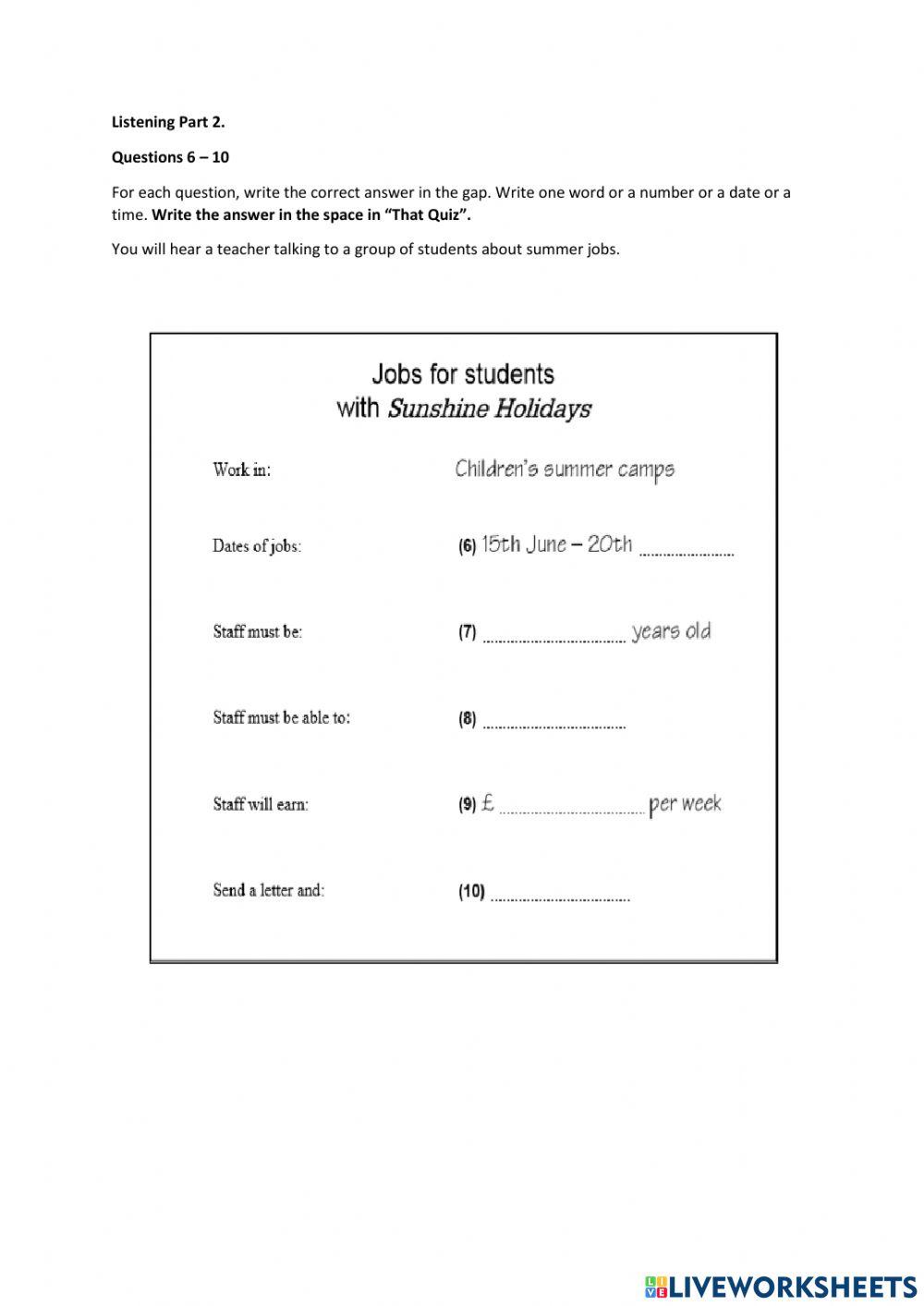 Seventh grade Entry test: Listening