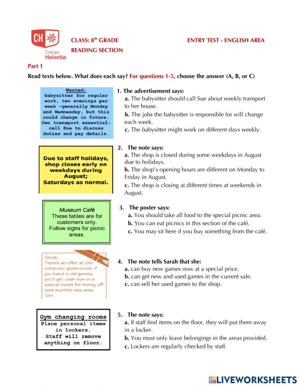 Eight grade Entry exam: reading