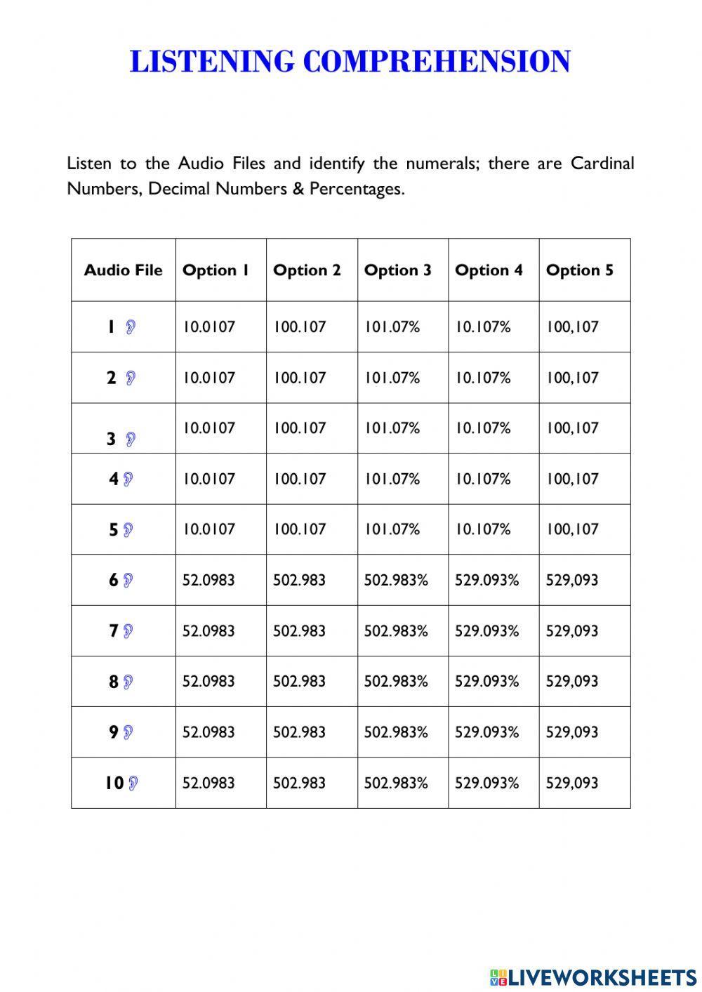 Listening Comprehension: Identify the numbers