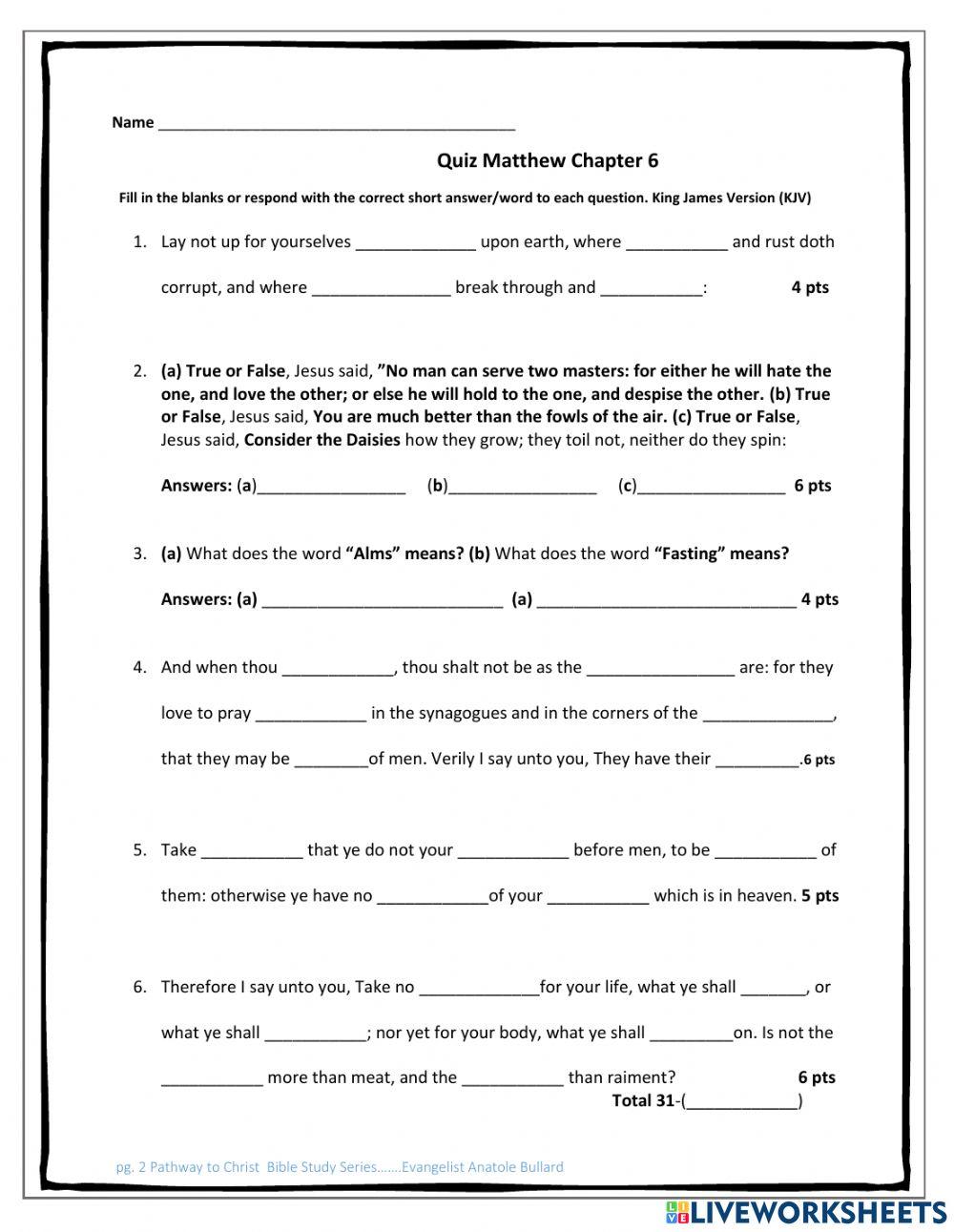 Pathway To Christ Bible Studies Series Matthew Chapter 6 Quiz worksheet