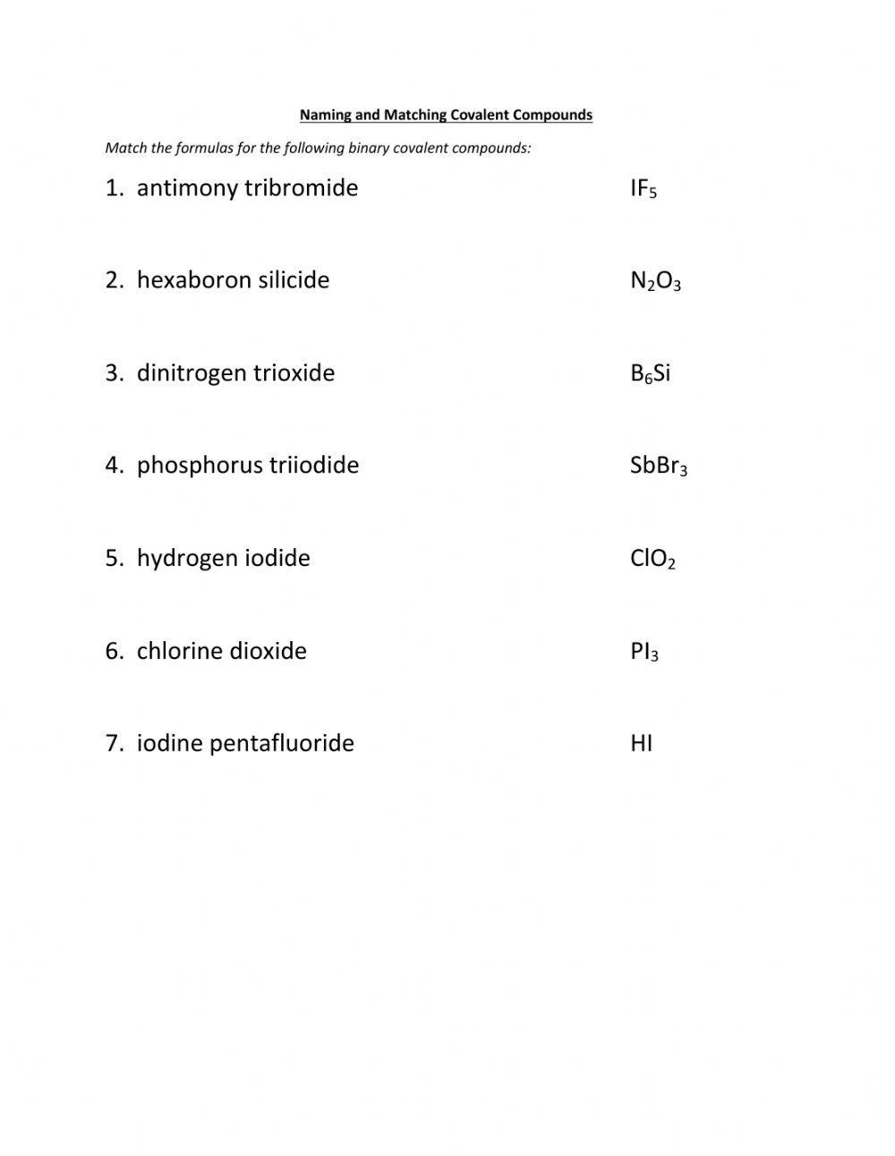 Naming & Matching Covalent Compounds worksheet Live Worksheets