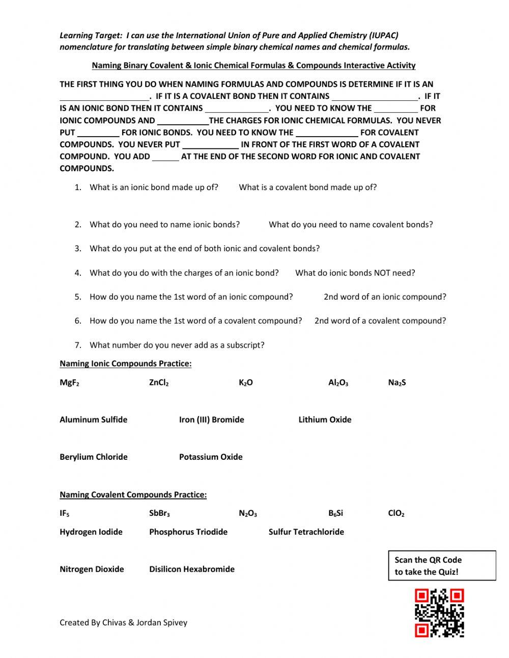 Naming Covalent & Ionic Formulas and Compounds Interactive Activity