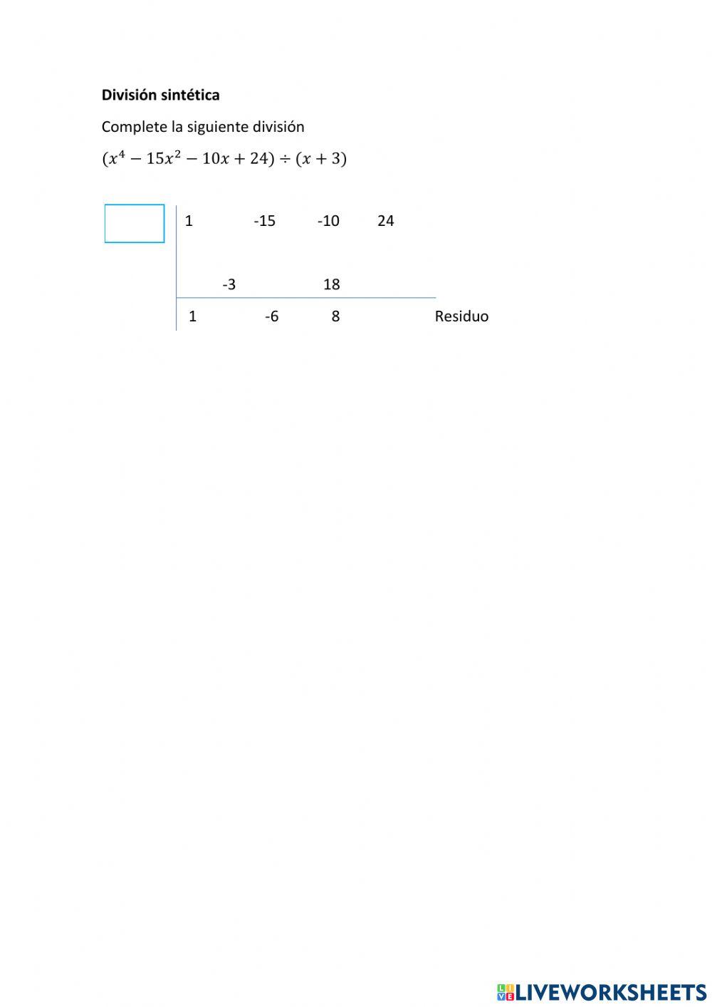 Teorema del residuo, teorema del factor y division sintentica