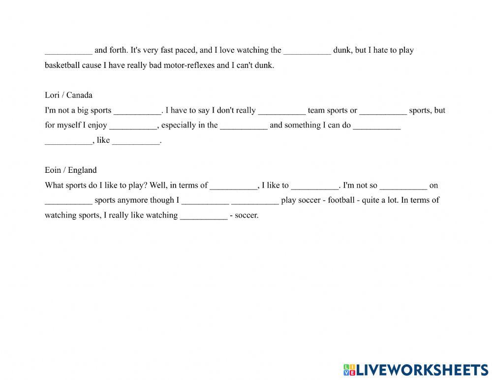 Sports 1-6 ppl Favorite Sports 1 Dictation Exercise (NM)