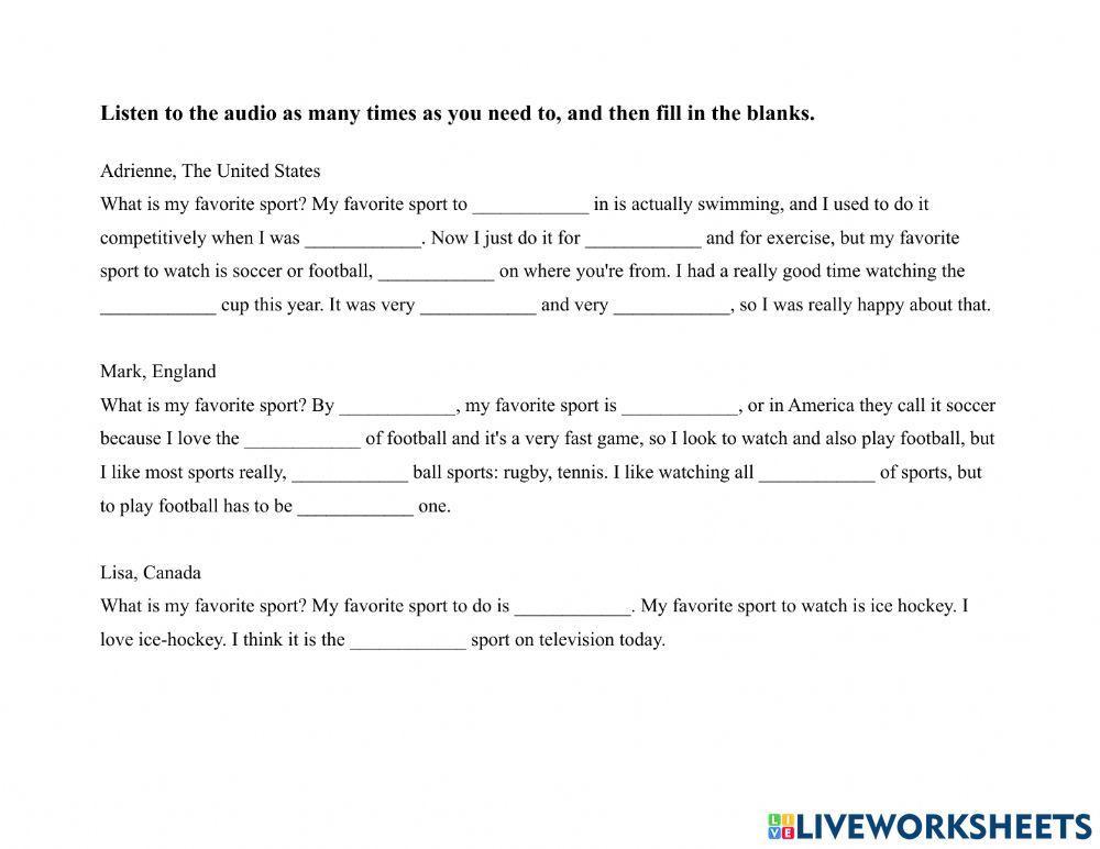 Sports 1-6 ppl Favorite Sports 2 Dictation Exercise