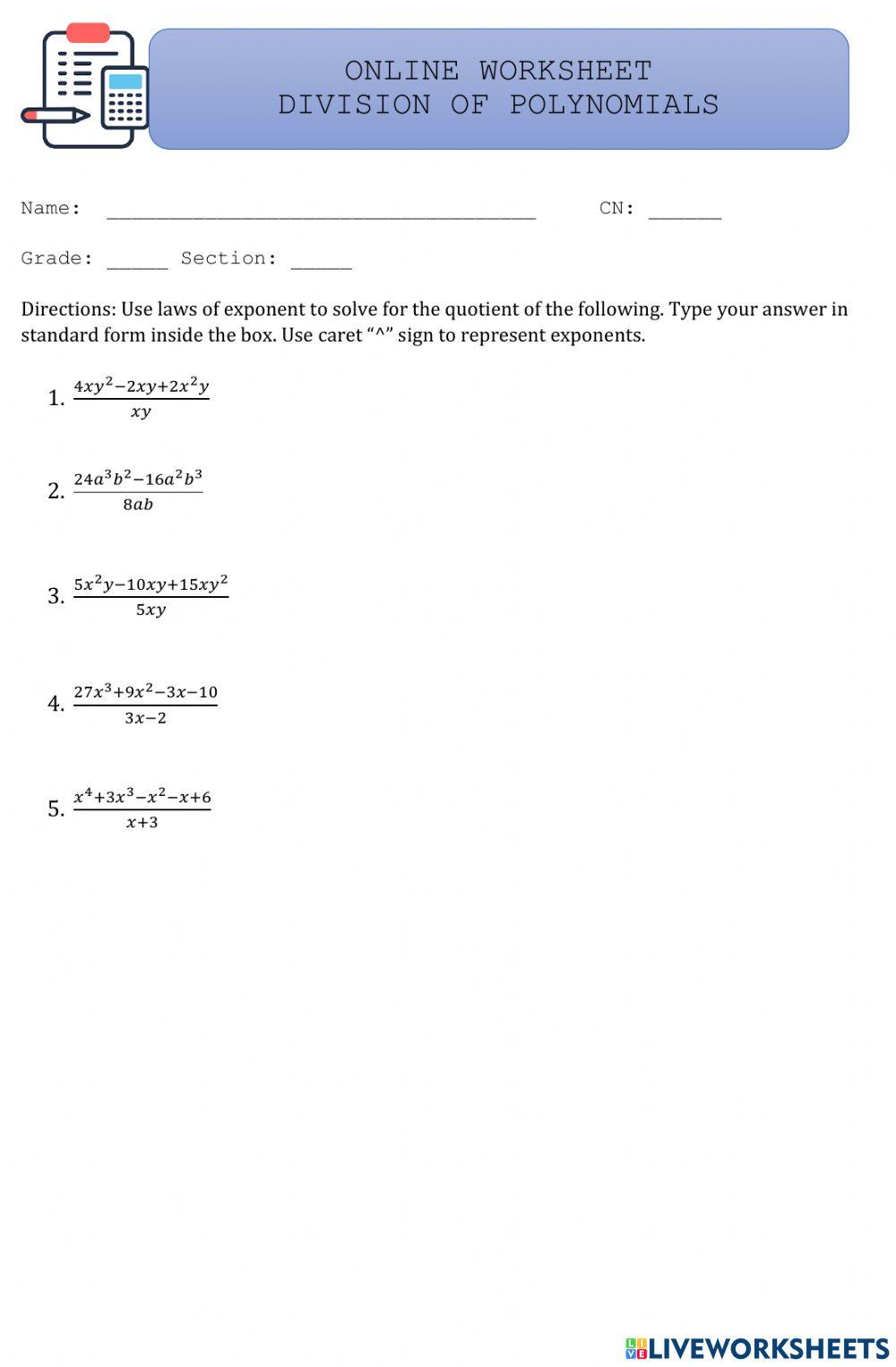 Online Worksheet (Division of Polynomials)
