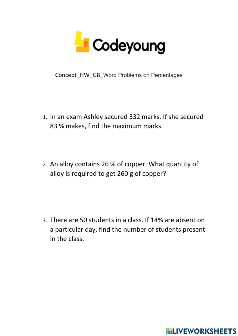 Concept-HW-G8-Word Problems on Percentages