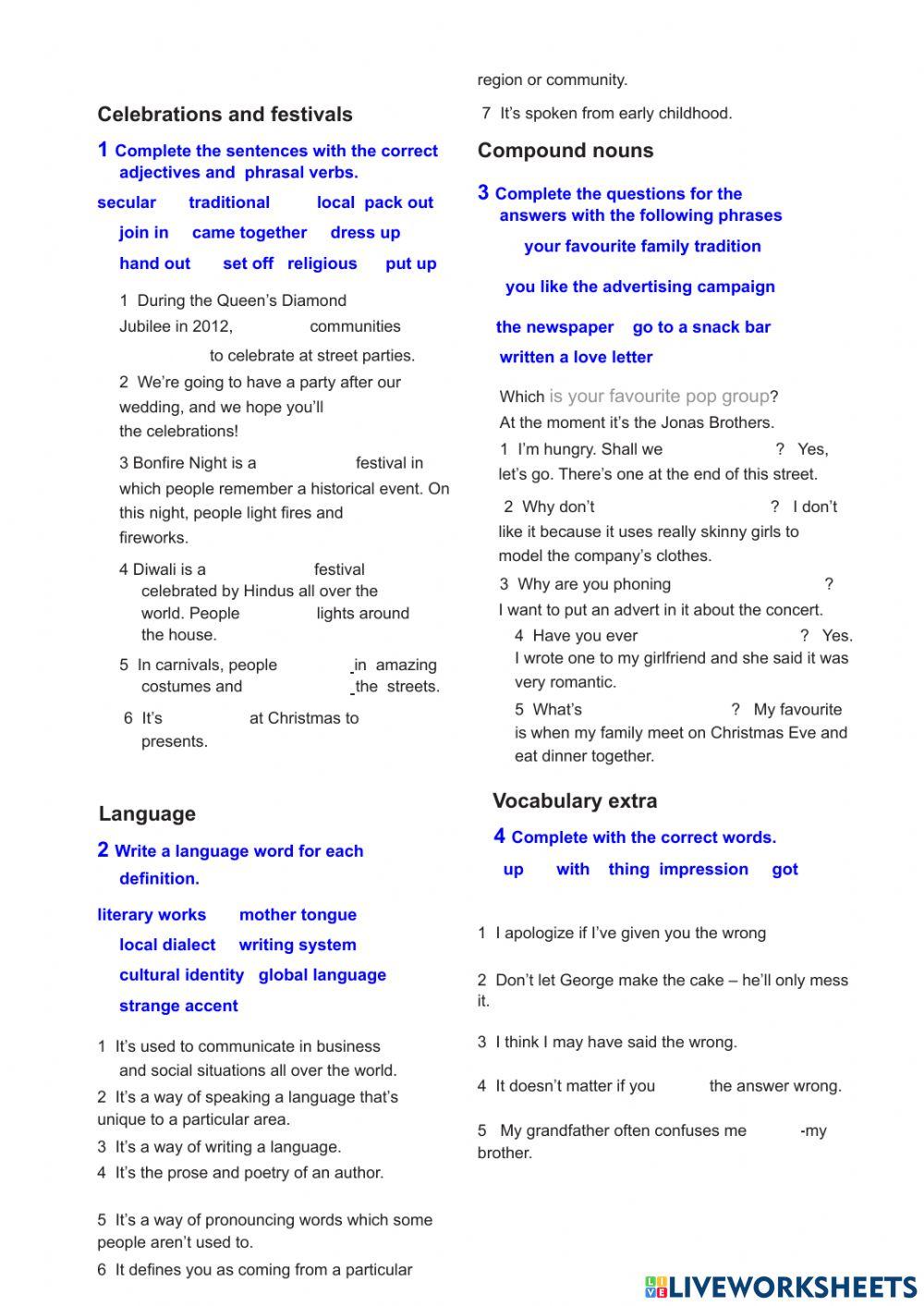 Celebrations vocabulary 2