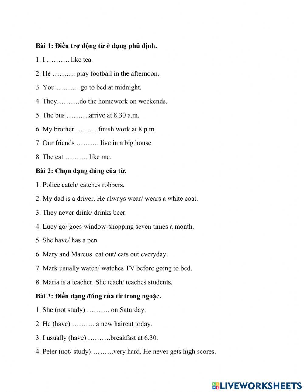 Bài tập thì hiện tại đơn 2