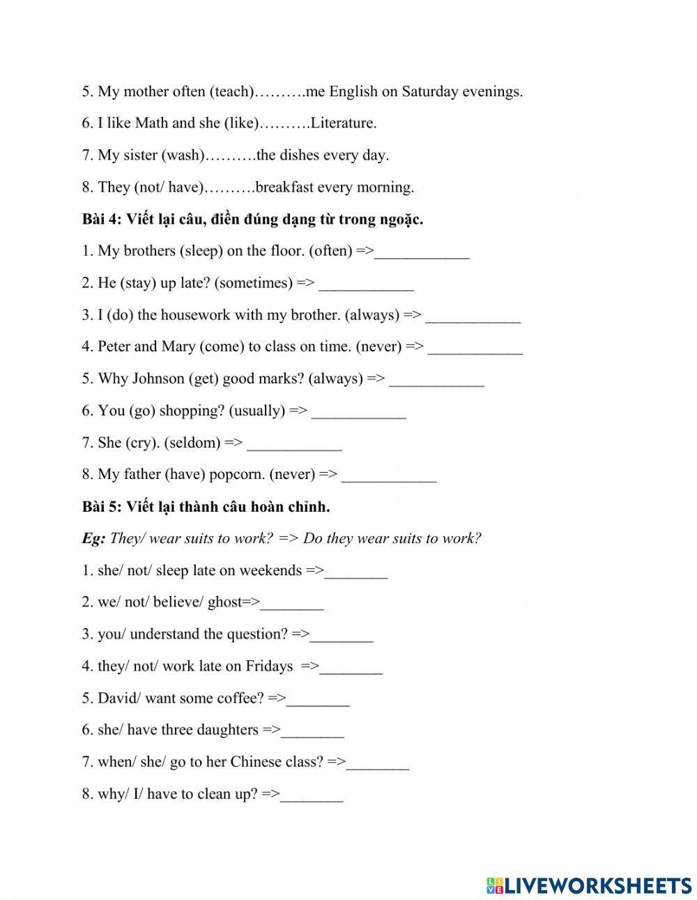 Bài tập thì hiện tại đơn 2