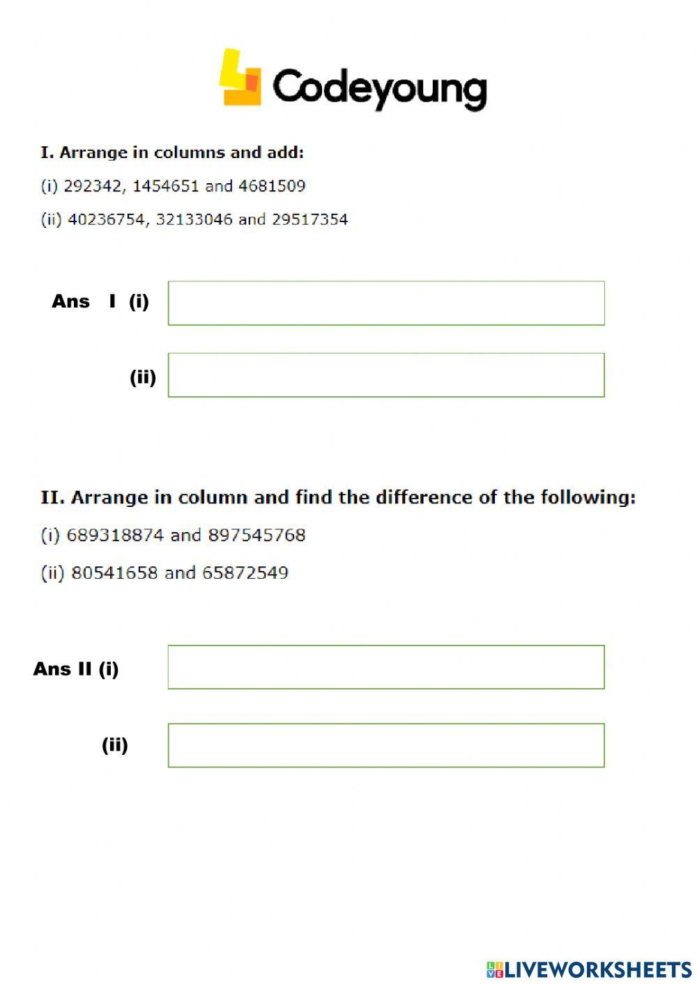 Addition and Subtraction of 10-Digit Numbers Application