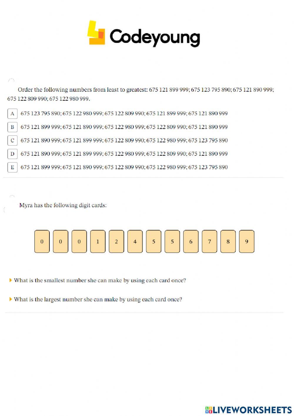 Comparing and Ordering 10-Digit Numbers Advanced