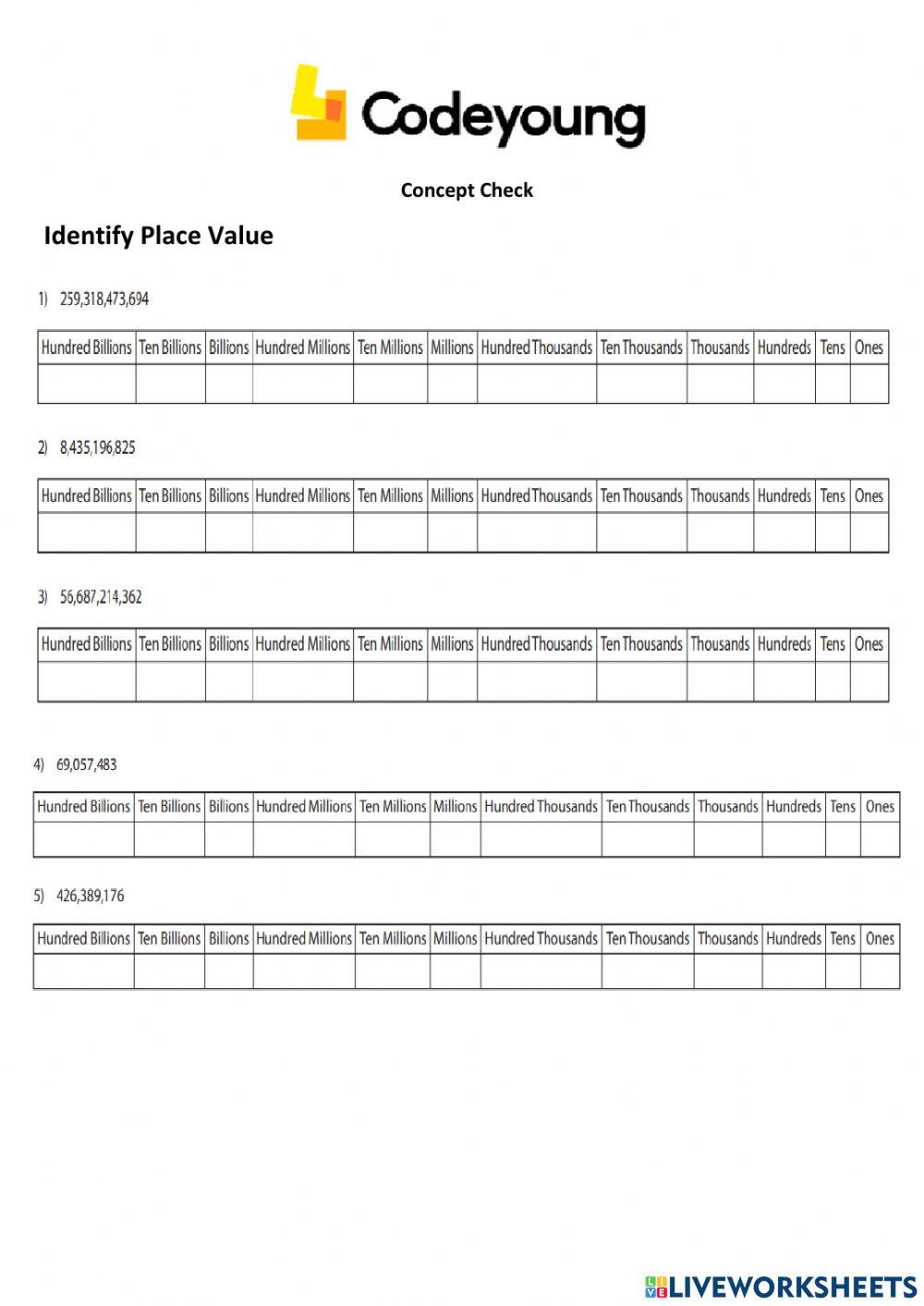Understanding 10 Digit numbers Concept CW