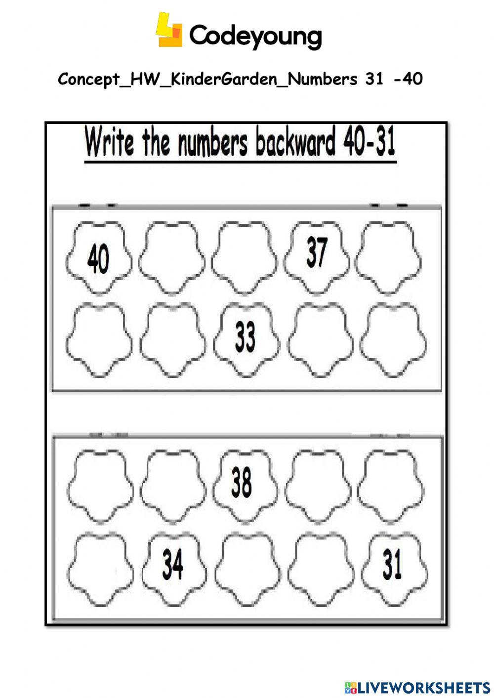 Backward numbers from 31 to 40