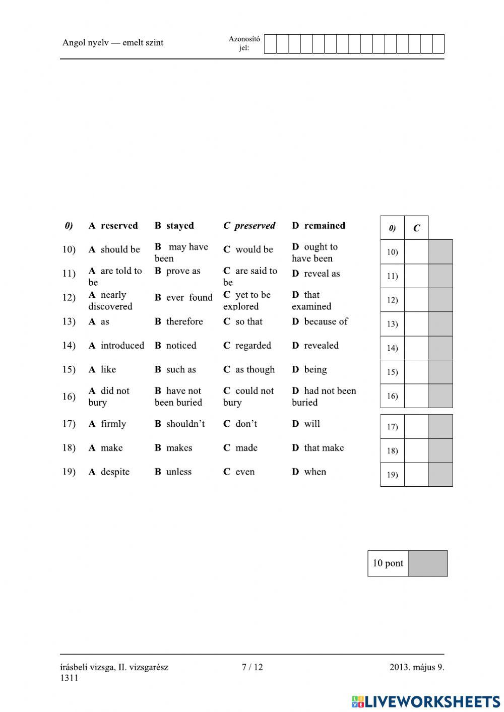 Érettségi 2013 május Nyelvhelyesség