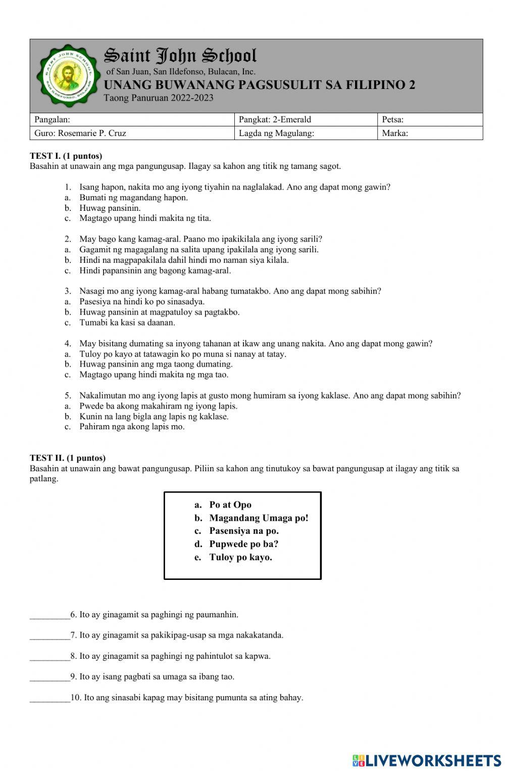 FILIPINO 2 online exercise for | Live Worksheets
