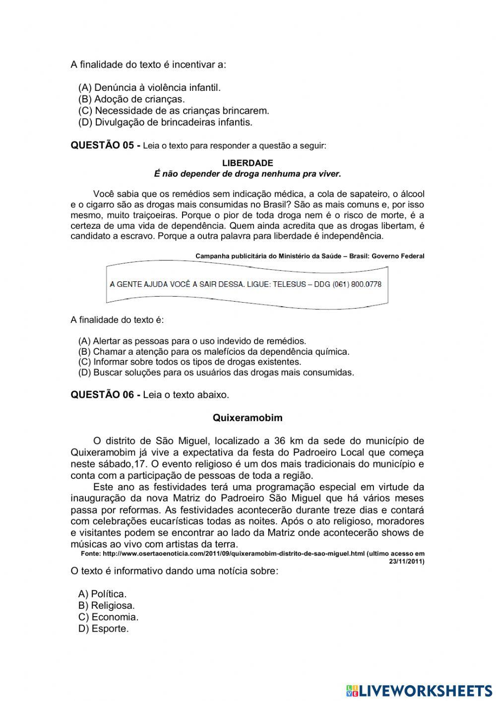 Língua Portuguesa  D12 - Identificar a finalidade de textos de diferentes gêneros.