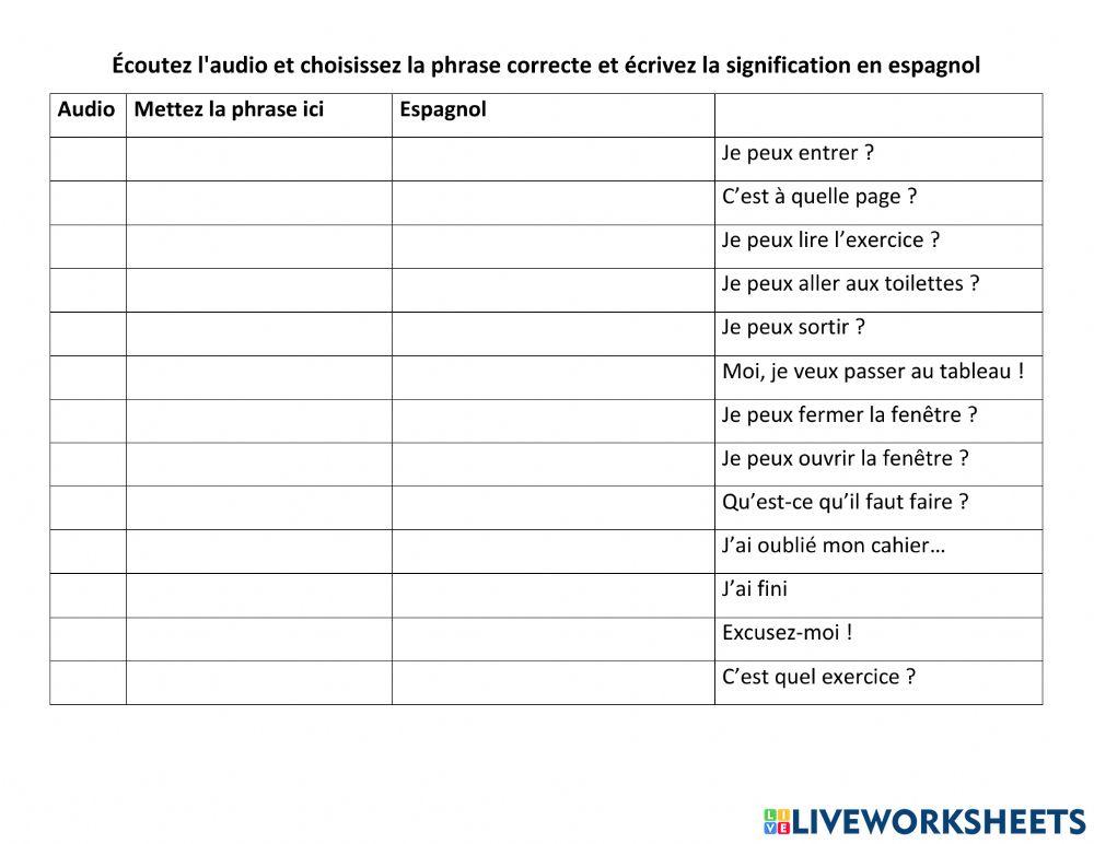 Francais: Phrases dans la classe