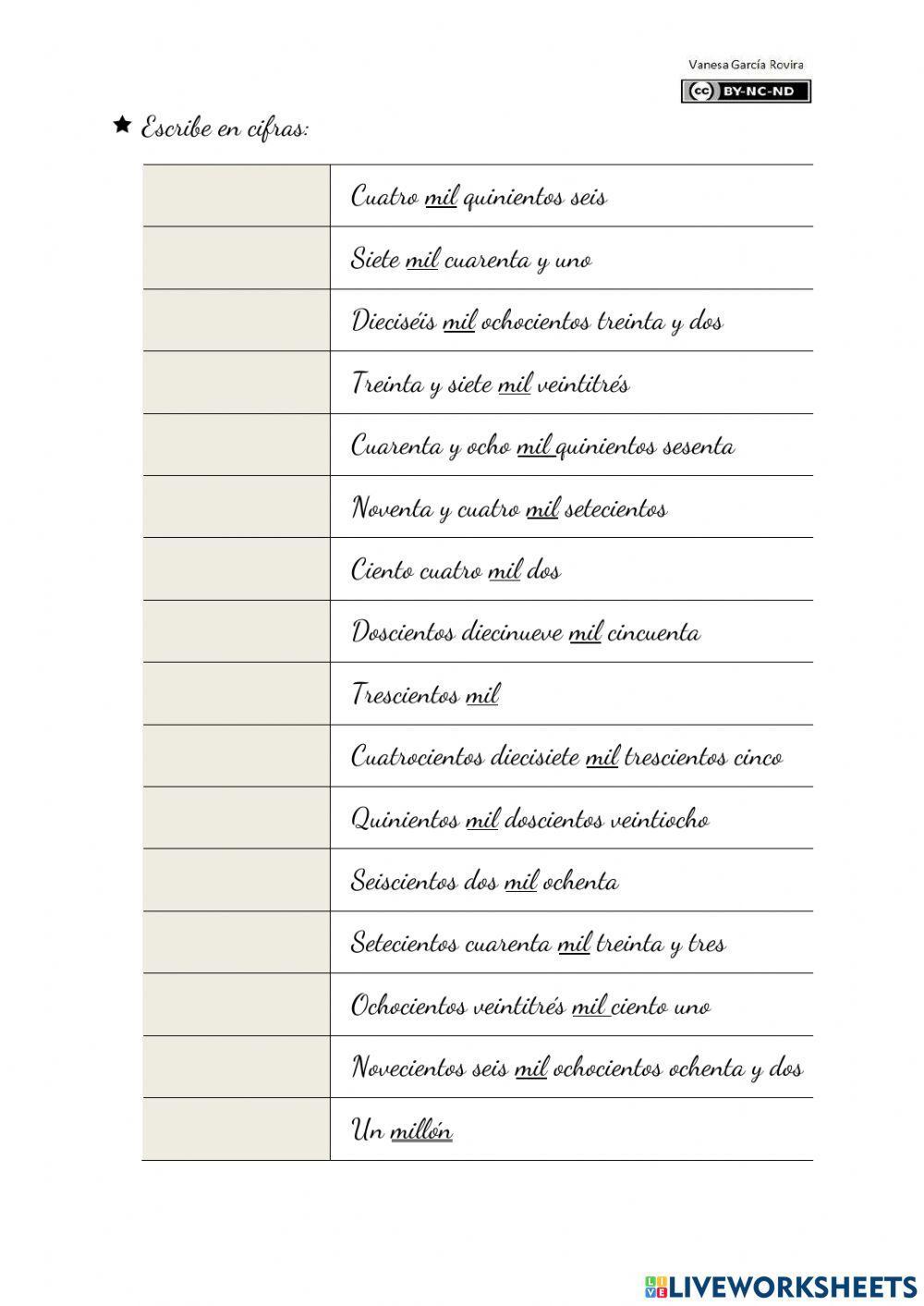 Lectura y escritura de números del mil al millón