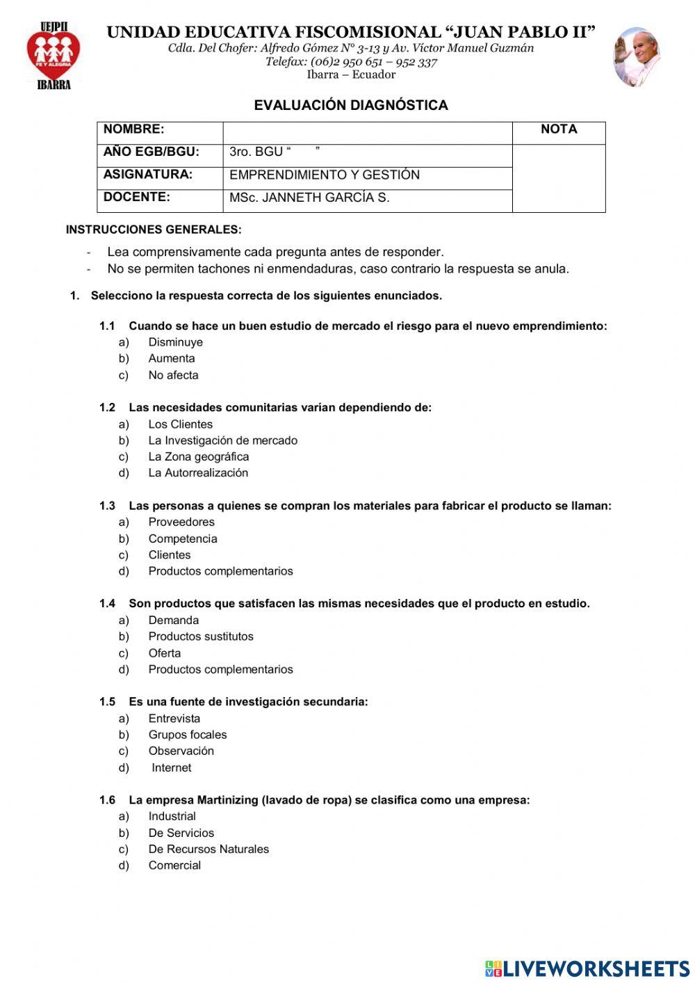 3ro. BGU Diagnóstico Emprendimiento - 2022