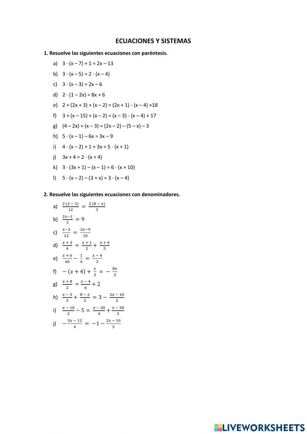 Ecuaciones y sistemas de ecuaciones