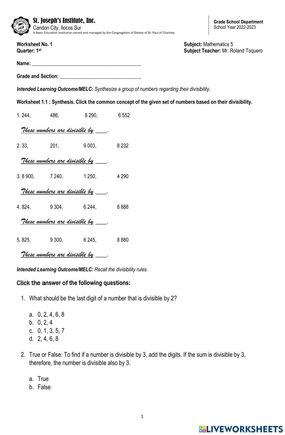 Divisibility Rules online pdf worksheet Live Worksheets