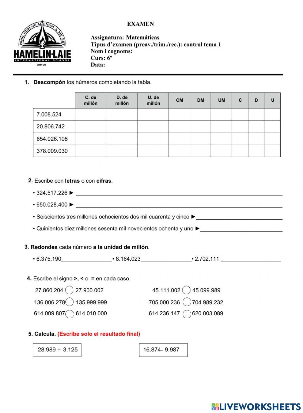 CONTROL MATEMÁTICAS TEMA 1