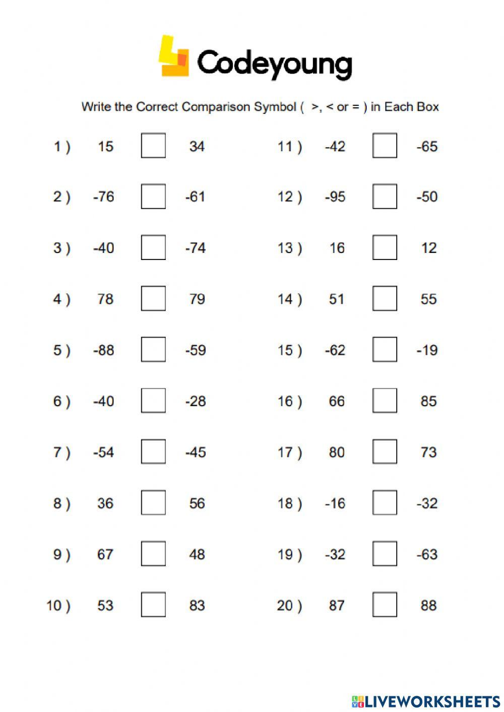 Comparison and Ordering of Integers Concept CW